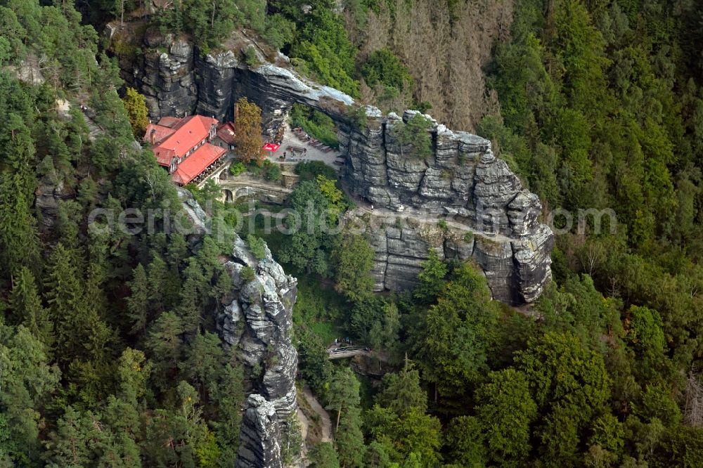 Aerial photograph Hrensko - Rock massif and rock formation Prebischtor (Pravcicka brana) in Hrensko in Ustecky kraj - Aussiger Region, Czech Republic