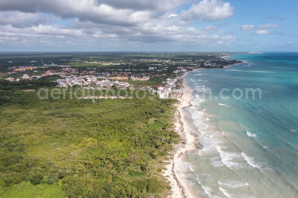 Aerial image Playa Paraiso - Sandy beach and dune landscape Cancun in Playa Paraiso in Quintana Roo, Mexico