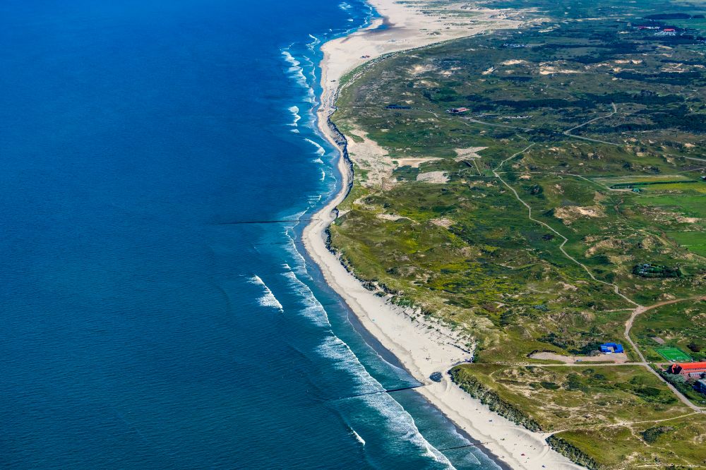 Norderney from above - Sandy beach coastal landscape with cliffs on the northern beach on the island of Norderney in the state Lower Saxony, Germany