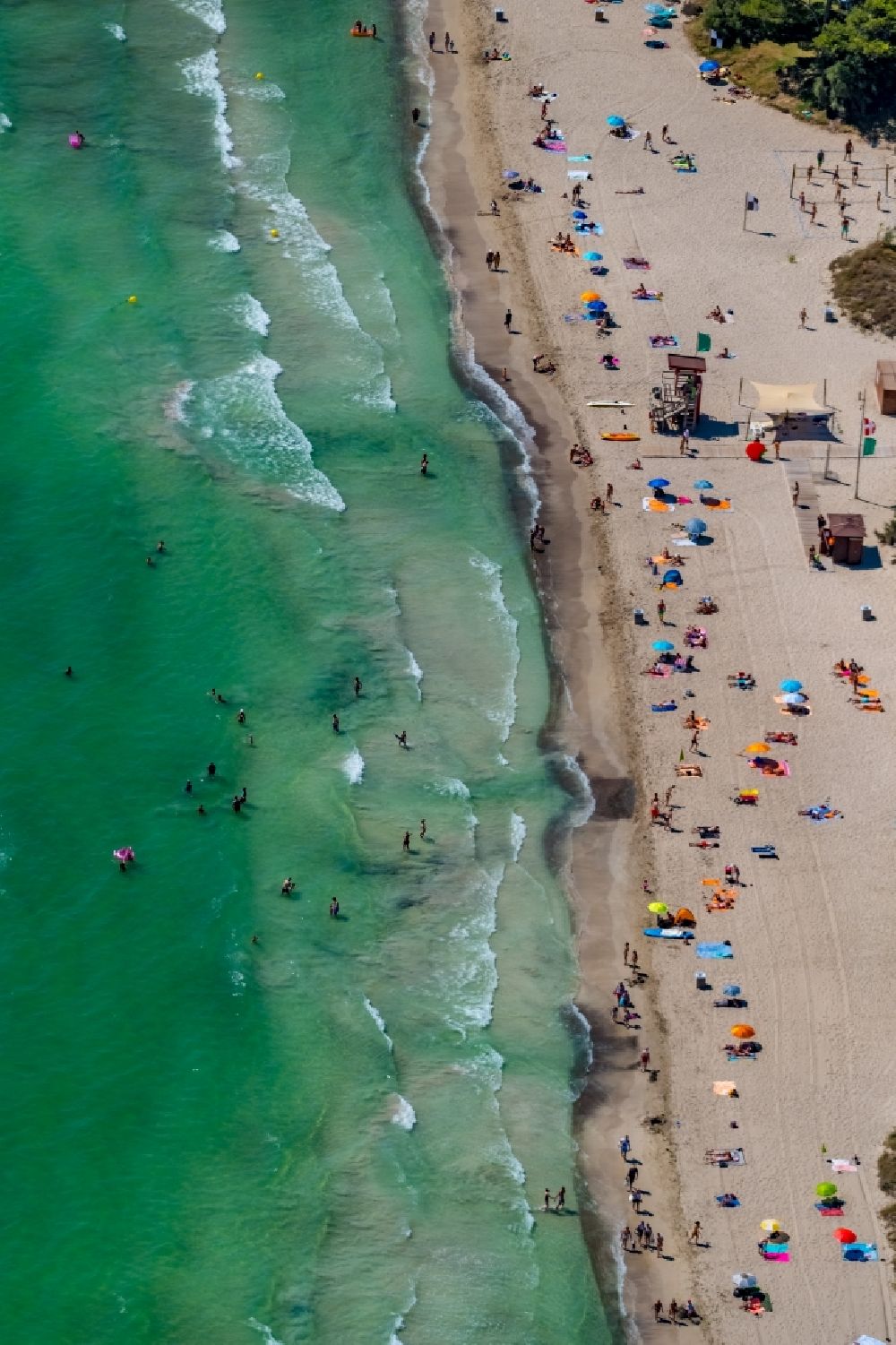 Aerial image Muro - Beach landscape along the Alcudia Bay in Muro in Balearic island of Mallorca, Spain
