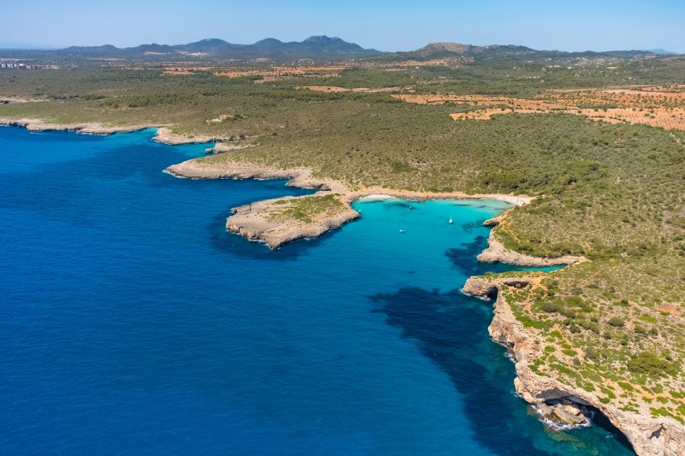 Aerial image Manacor - Beach landscape along the in the Cala Varques bay in Manacor in Balearic island of Mallorca, Spain