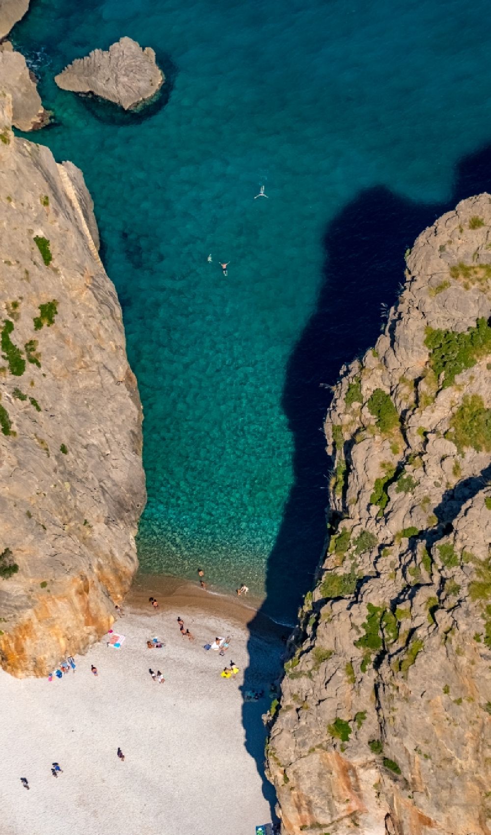 Sa Calobra from the bird's eye view: Beach landscape in the rocky bay at the Torrent de Pareis La Calobra in Sa Calobra in Balearic islands, Spain