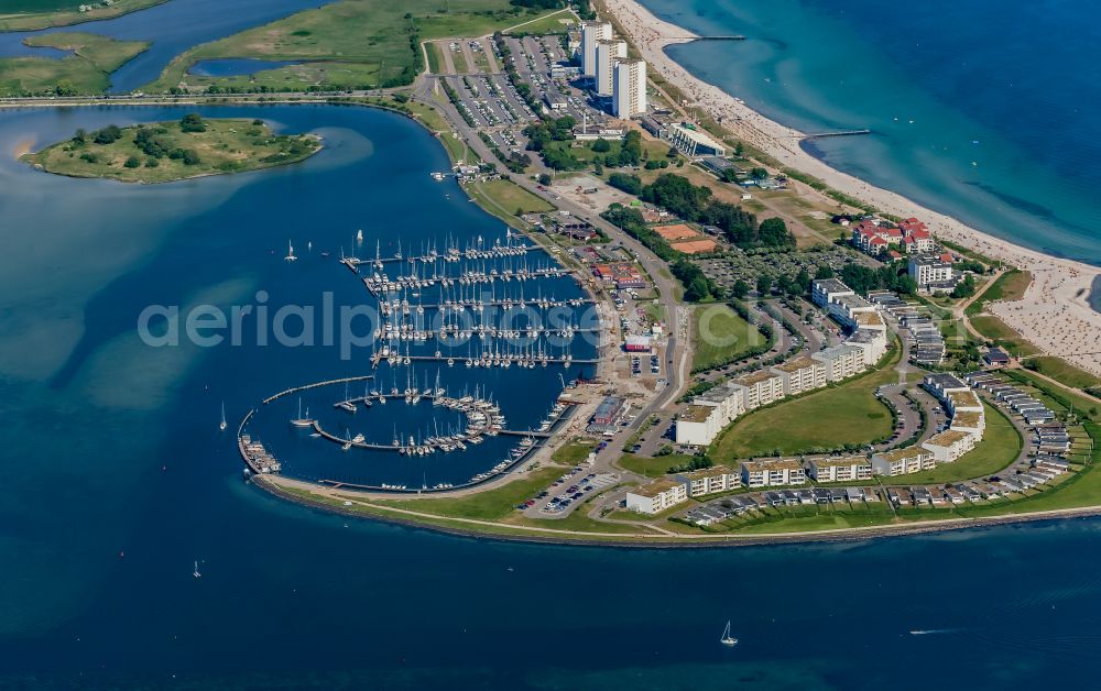 Aerial photograph Fehmarn - Sandy beach landscape with holiday homes and marina in Burgtiefe on Fehmarn in the state Schleswig-Holstein, Germany