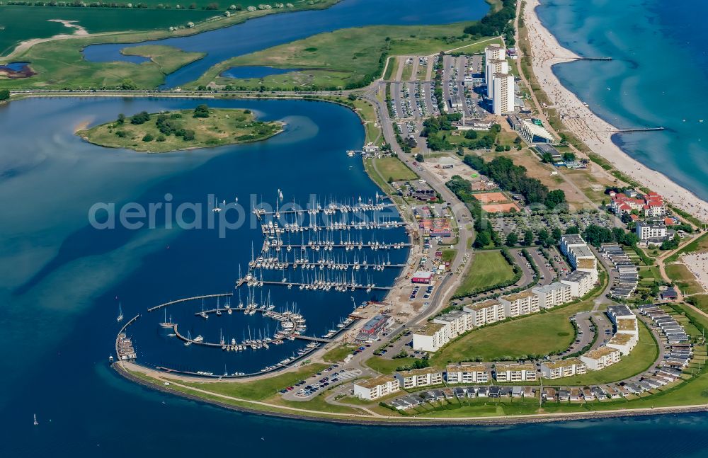 Fehmarn from above - Sandy beach landscape with holiday homes and marina in Burgtiefe on Fehmarn in the state Schleswig-Holstein, Germany