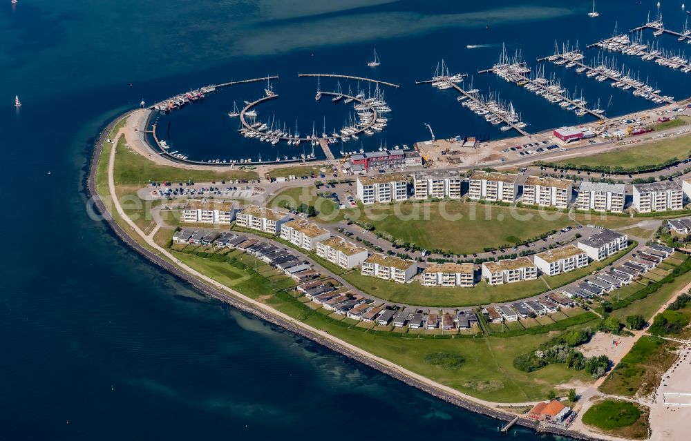 Aerial image Fehmarn - Sandy beach landscape with holiday homes and marina in Burgtiefe on Fehmarn in the state Schleswig-Holstein, Germany