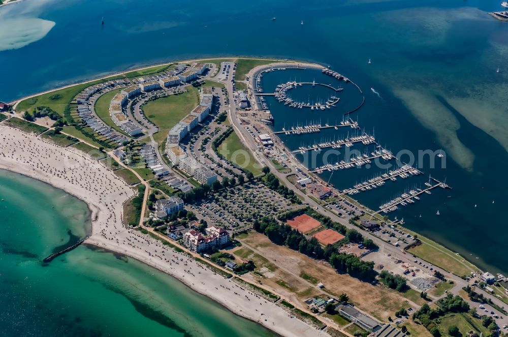 Aerial image Fehmarn - Sandy beach landscape with holiday homes and marina in Burgtiefe on Fehmarn in the state Schleswig-Holstein, Germany