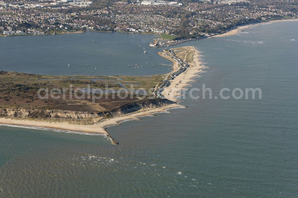 Bournemouth from the bird's eye view: Beach landscape Hengistbury Head an Christchurch Harbour along the English Channel in Bournemouth in England, United Kingdom