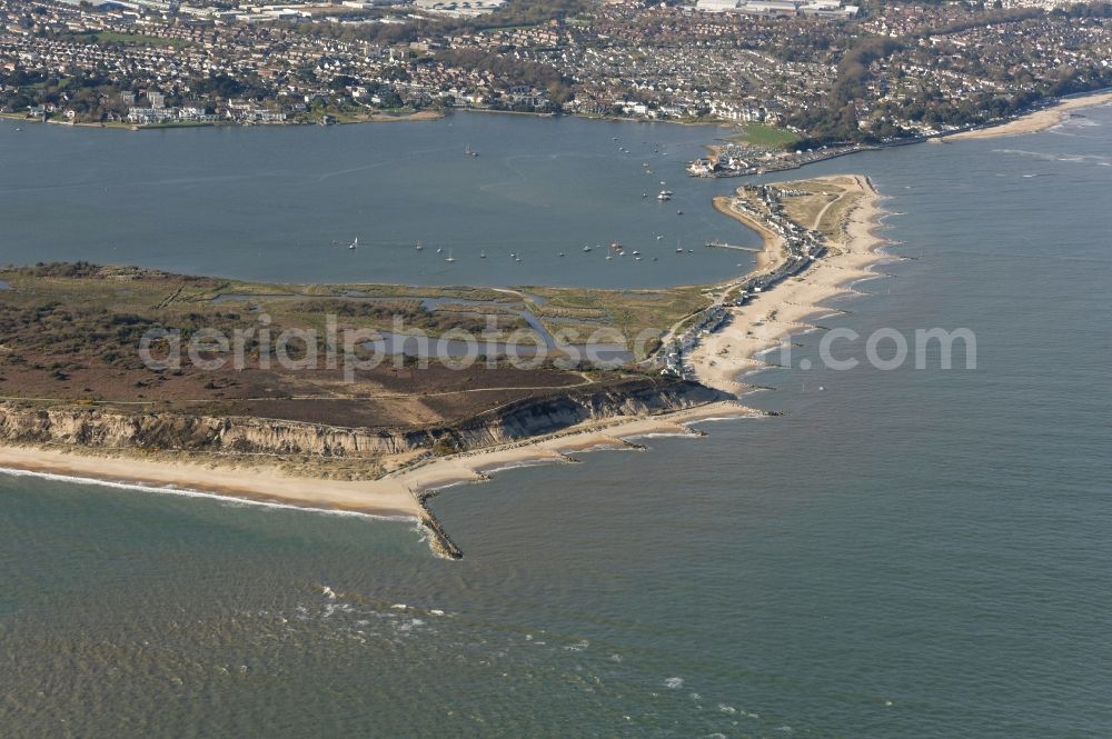 Aerial image Bournemouth - Beach landscape Hengistbury Head an Christchurch Harbour along the English Channel in Bournemouth in England, United Kingdom