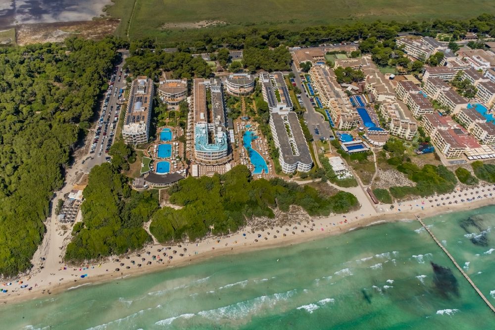 Can Picafort from the bird's eye view: Beach landscape along the coast line with the hotels Iberostar Albufera Park and Iberostar Albufera Playa on Carrer Dunes in Can Picafort in Balearic island of Mallorca, Spain