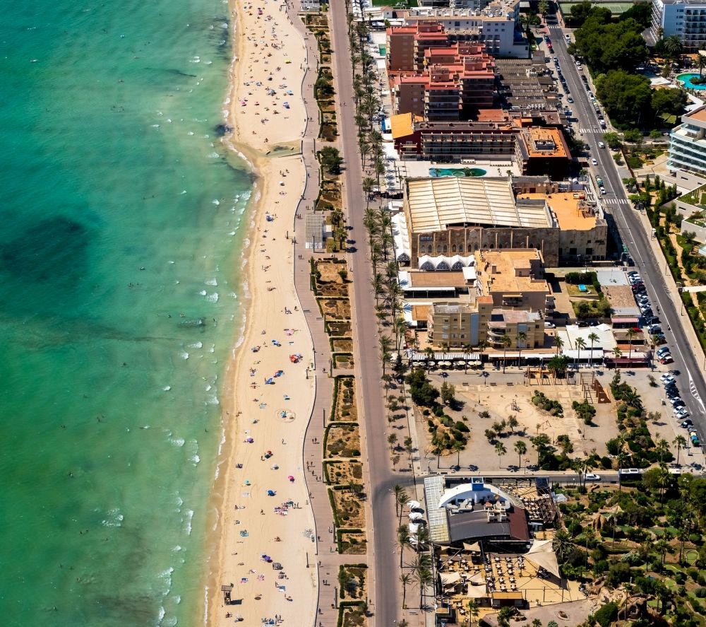 Aerial image Palma - Beach landscape along the the Mediterranean sea in the district Platja de Palma in Palma in Balearische Insel Mallorca, Spain