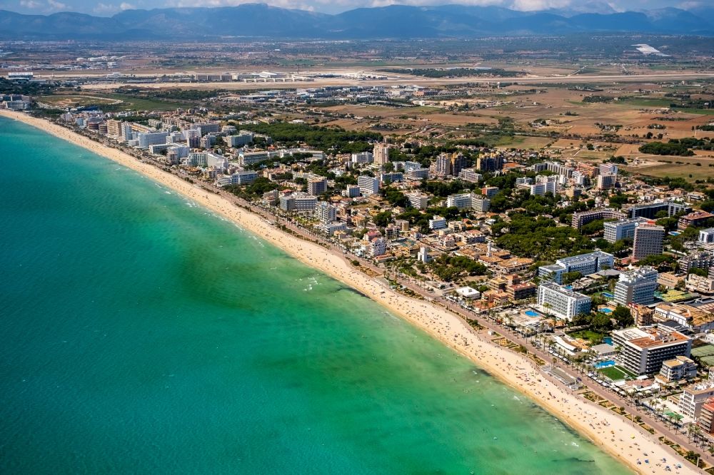 Aerial image Palma - Beach landscape along the the Mediterranean sea in the district Platja de Palma in Palma in Balearische Insel Mallorca, Spain