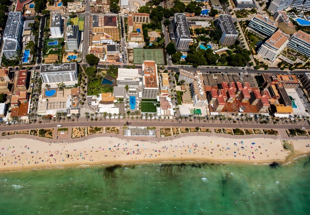 Aerial photograph Palma - Beach landscape along the the Mediterranean sea in the district Platja de Palma in Palma in Balearische Insel Mallorca, Spain
