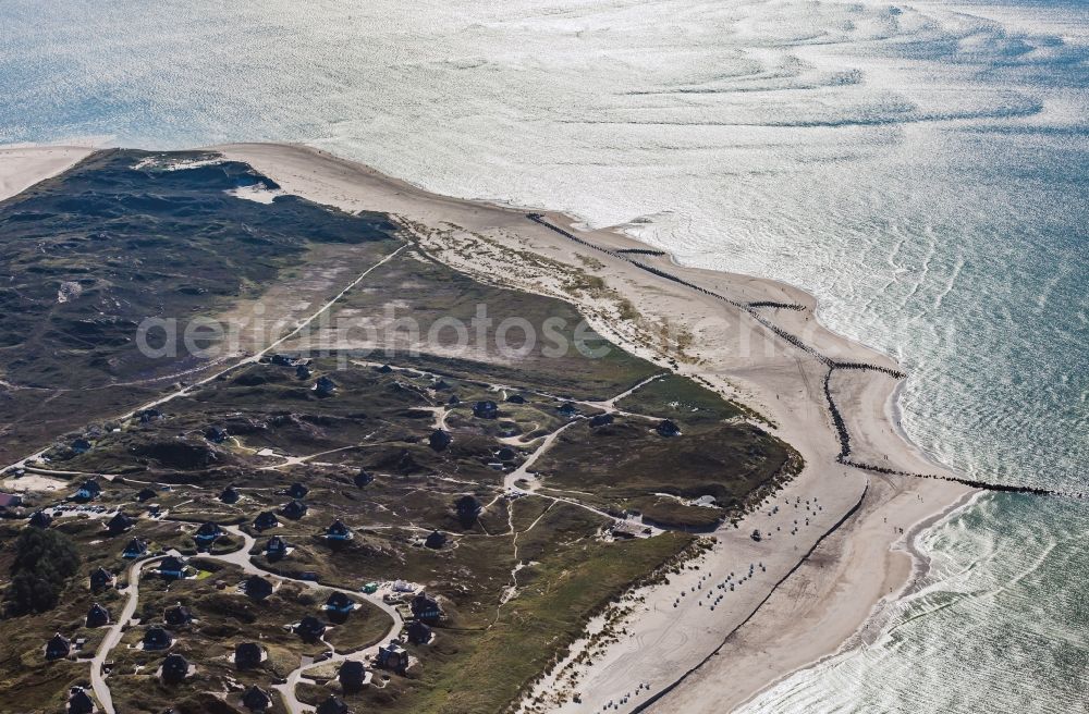 Aerial image Hörnum (Sylt) - Beach landscape along the at the North Sea in Hoernum (Sylt) in the state Schleswig-Holstein, Germany