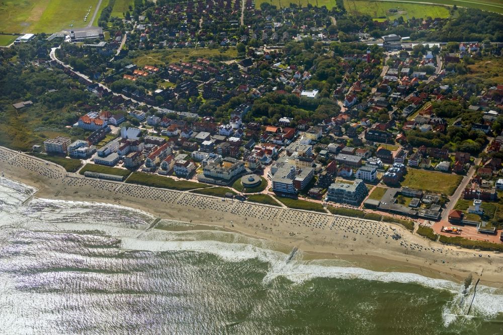 Wangerooge from the bird's eye view: Beach landscape along the the North Sea island in Wangerooge in the state Lower Saxony, Germany