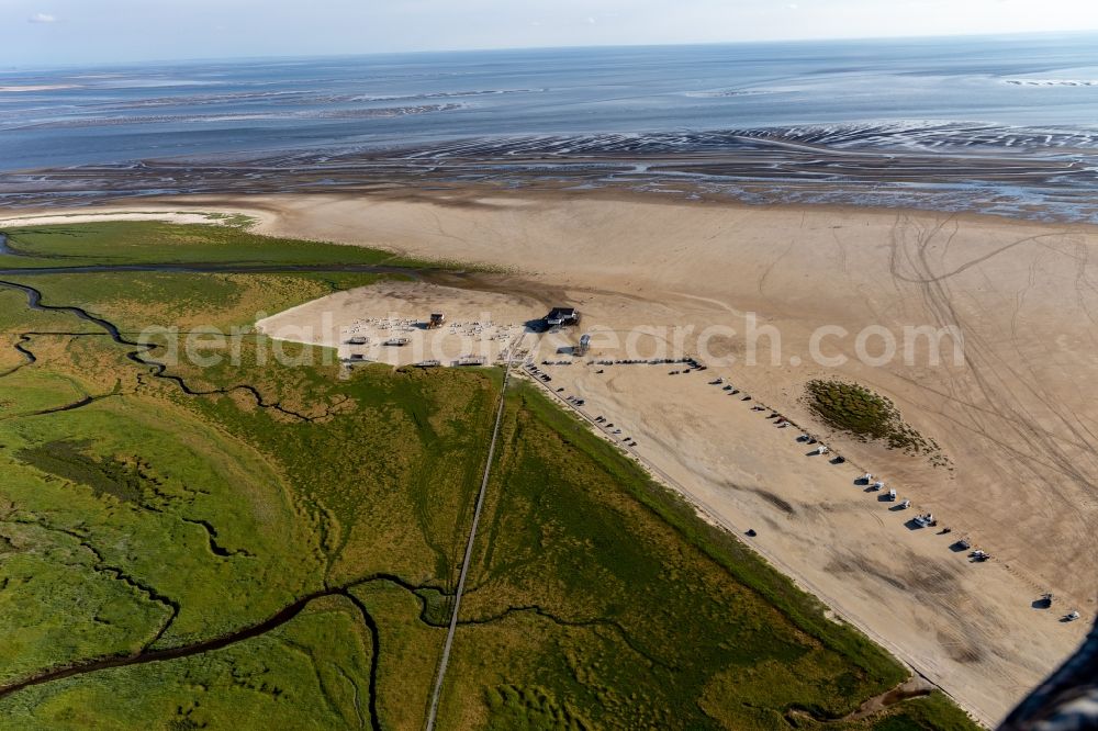 Sankt Peter-Ording from above - Sandy beach landscape on the North Sea - coast in the district of Sankt Peter-Ording Parking and gastronomy Die Seekiste in Sankt Peter-Ording in Schleswig-Holstein