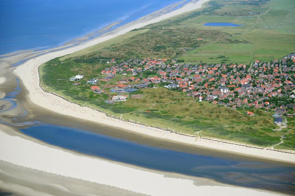 Langeoog from the bird's eye view: Beach landscape on the Nort Sea in Langeoog in the state Lower Saxony