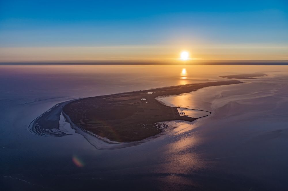 Langeoog from the bird's eye view: Beach landscape on the North Sea in Langeoog at the first light,in the state Lower Saxony