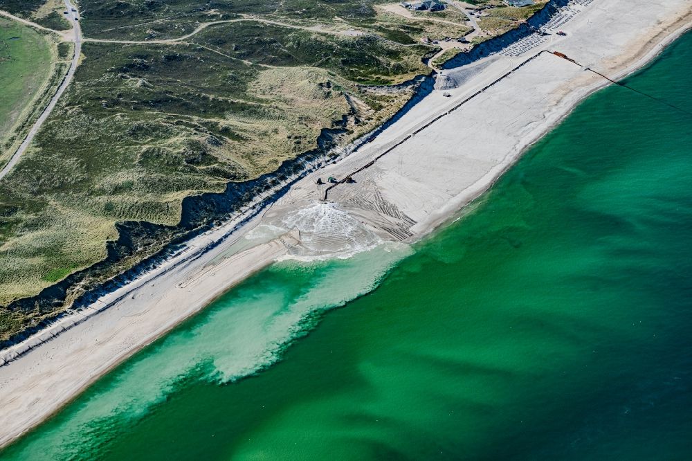 List from above - Beach replenishment of the sandy beach landscape along the coastal course in the district of Ellenbogen in List on the island of Sylt in the state Schleswig-Holstein, Germany