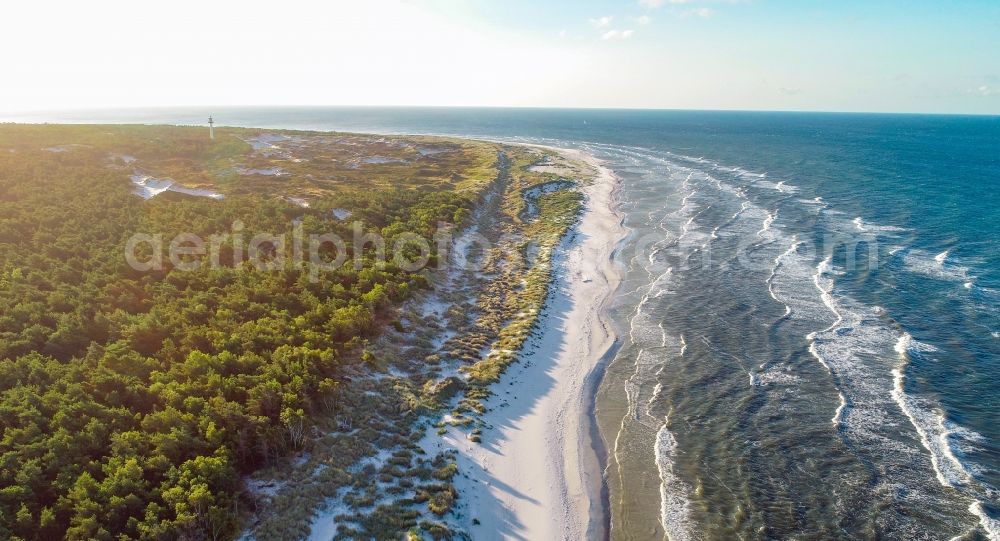 Dueodde from the bird's eye view: Beach landscape along the the Baltic Sea island of Bornholm in Dueodde in Region Hovedstaden, Denmark