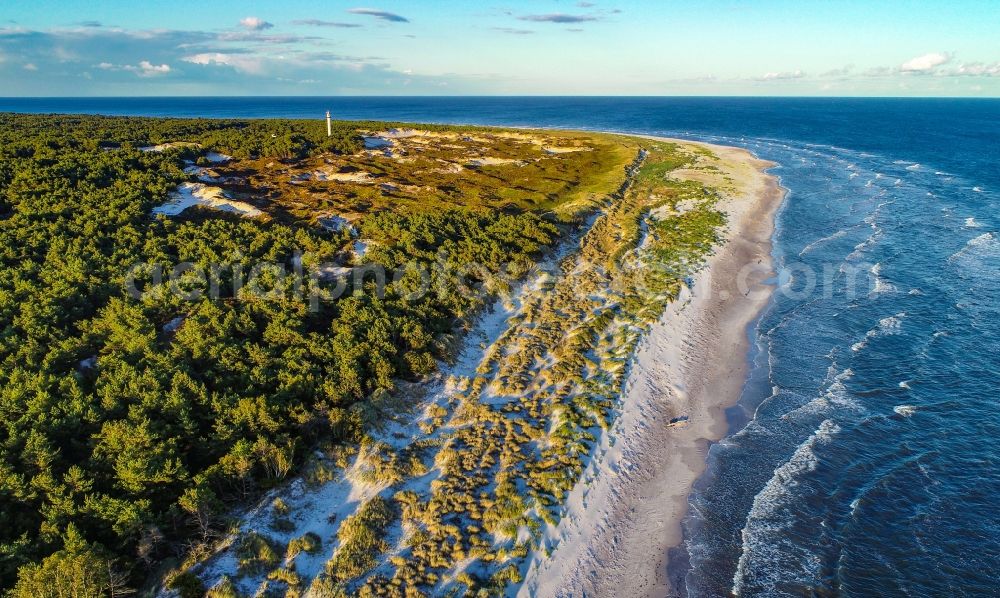 Nexö from above - Beach landscape along the of Baltic Sea in Nexoe in Region Hovedstaden, Denmark