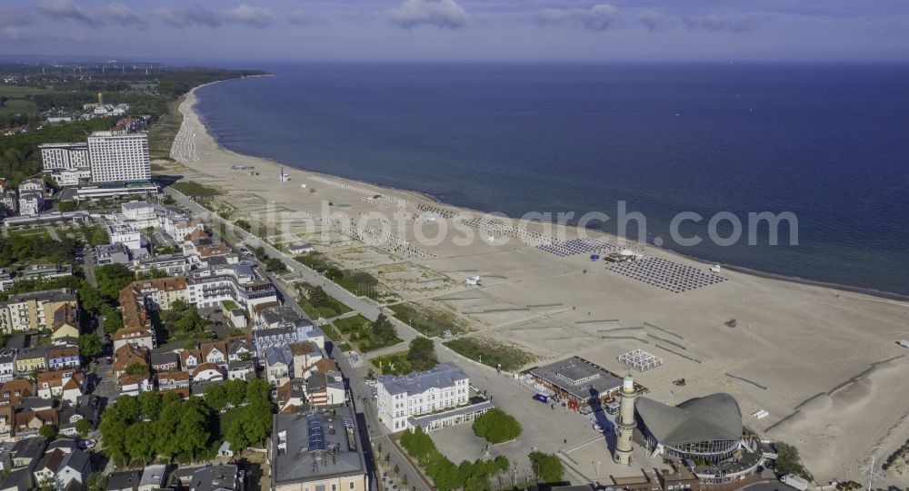 Rostock from above - Beach landscape along the of Baltic Sea in the district Warnemuende in Rostock in the state Mecklenburg - Western Pomerania, Germany