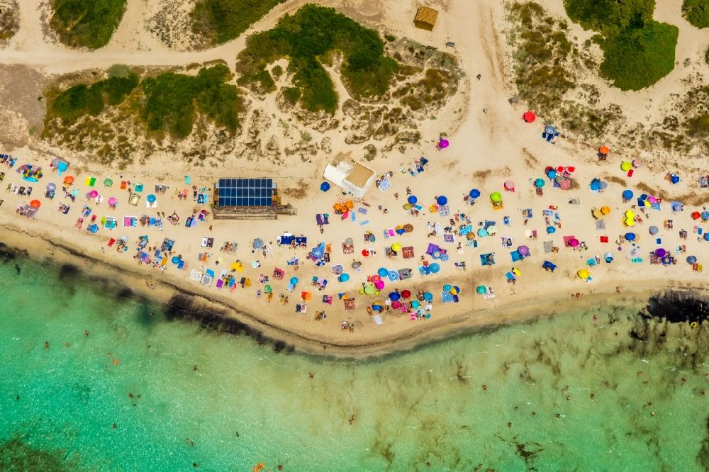 Aerial image Campos - Beach landscape along the Platja of Trenc in Campos in Islas Baleares, Spain