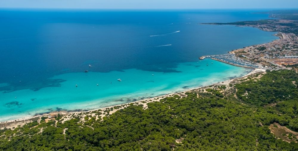 Aerial image Campos - Beach landscape along the of Playa of Morters in Campos in Balearische Insel Mallorca, Spain