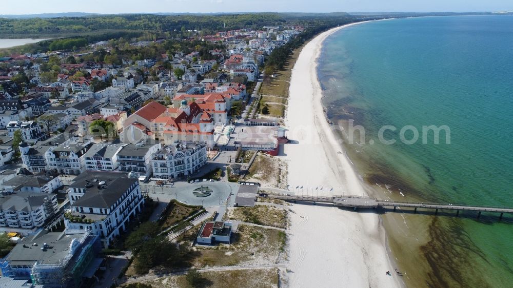 Aerial image Binz - Sand and beach landscape on the pier in Binz in the state Mecklenburg - Western Pomerania