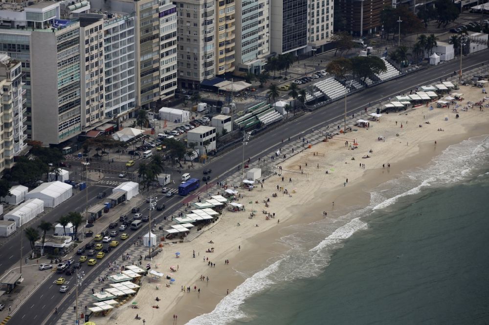 Aerial image Rio de Janeiro - Sand beach landscape on the South Atlantic before the Summer Games of the Games of the XXXI. Olympics in Rio de Janeiro in Brazil