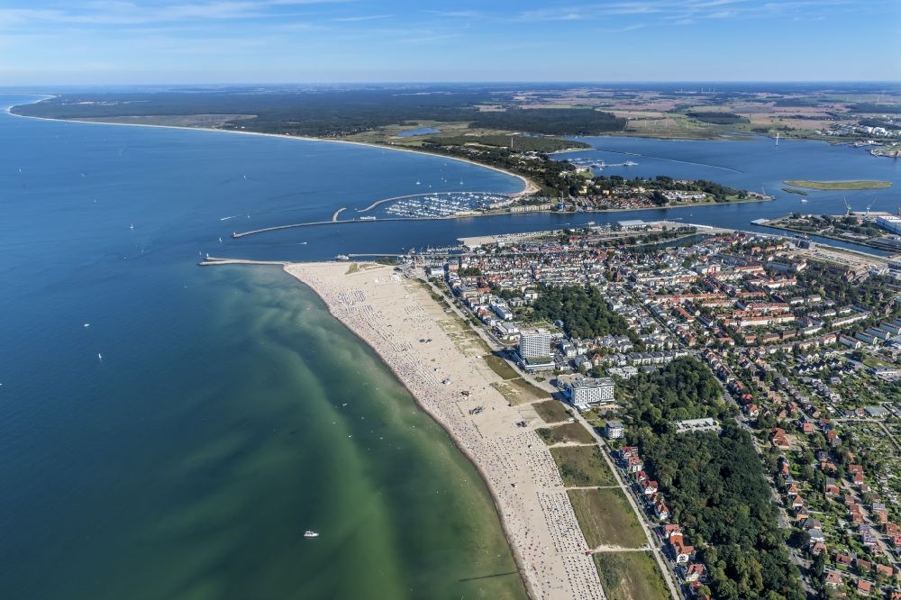 Aerial image Rostock - Sandy beach and village view of the Baltic Sea Warnemuende in Rostock in the state Mecklenburg-Vorpommern, Germany