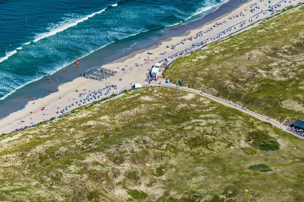 Norderney from above - Sandy beach with beach chairs on the northern beach on the island of Norderney in the state of Lower Saxony, Germany