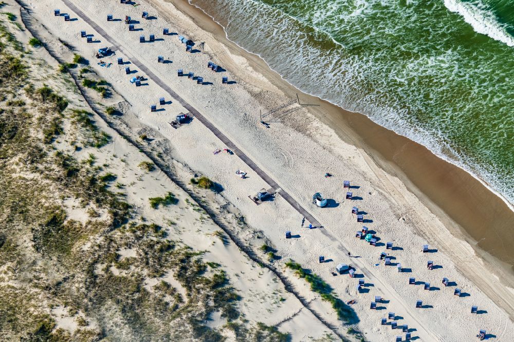 Aerial image Norderney - Sandy beach with beach chairs on the northern beach on the island of Norderney in the state of Lower Saxony, Germany