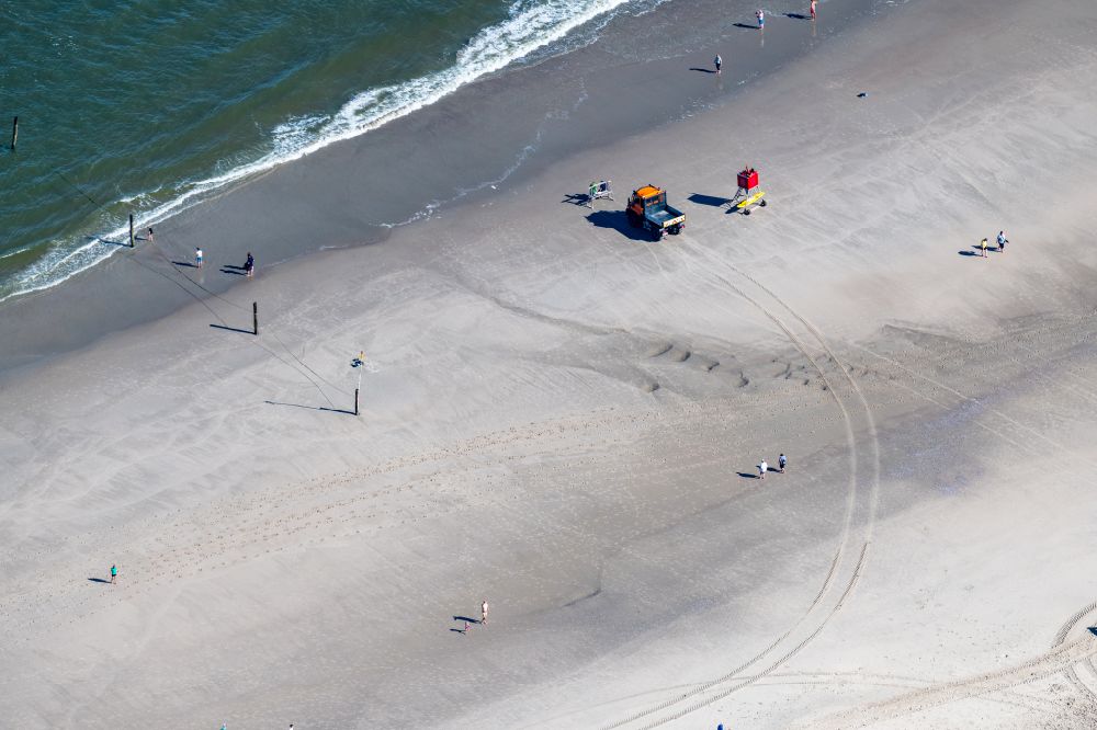 Norderney from above - Sandy beach with beach chairs on the northern beach on the island of Norderney in the state of Lower Saxony, Germany