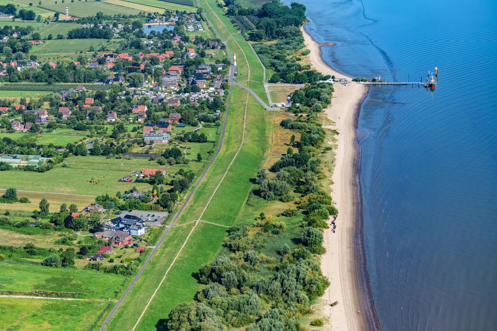 Aerial image Drochtersen - Sandy beach landscape along the banks of the river with Anleger auf Krautsond in Drochtersen in the state Lower Saxony, Germany