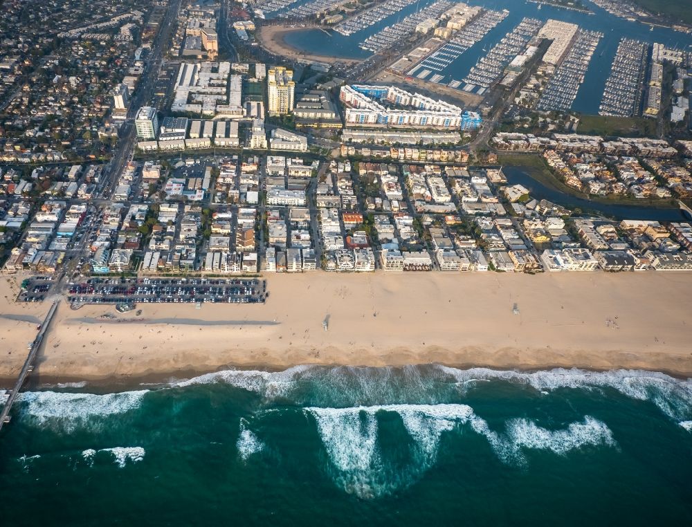 Aerial image Los Angeles - Sand beach Venice Beach in Los Angeles and view of Marina del Rey in California, USA