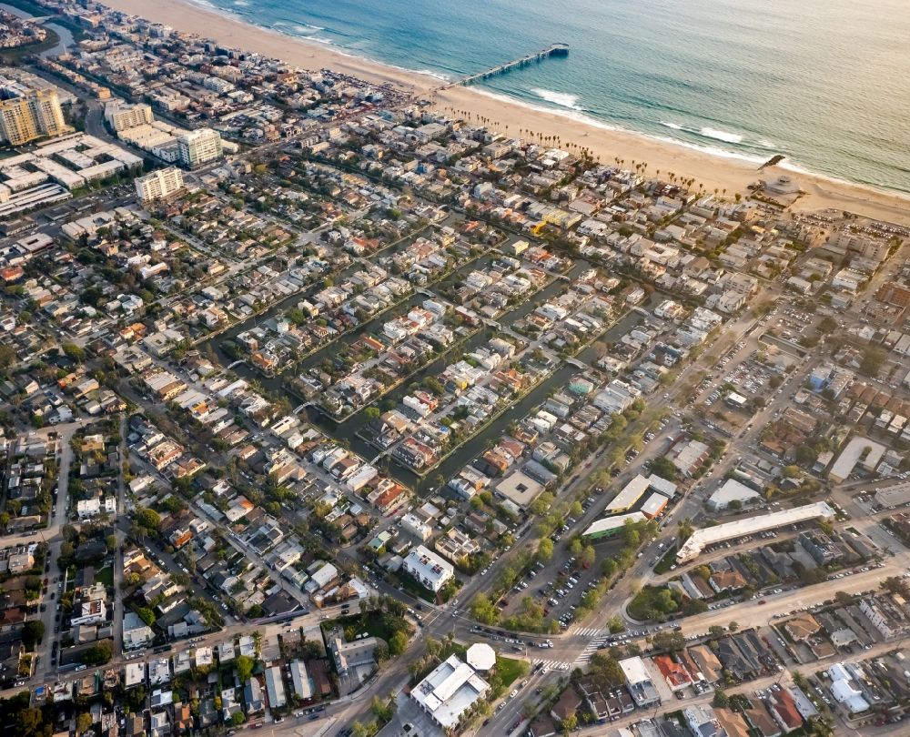 Aerial image Los Angeles - Sand beach Venice Beach and view of Venice in Los Angeles in California, USA