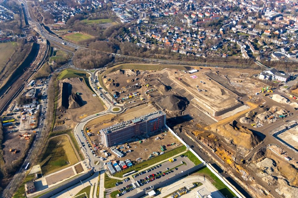Bochum from above - Construction site to build a new office and commercial building O-Werk on Opelring in Bochum in the state North Rhine-Westphalia, Germany