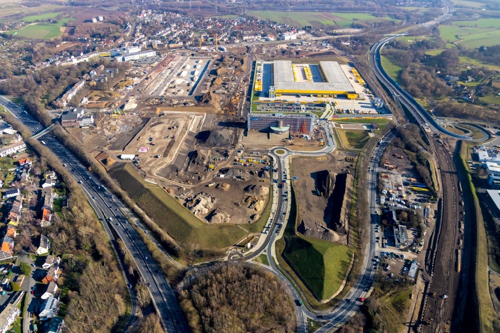 Aerial photograph Bochum - Construction site to build a new office and commercial building O-Werk on Opelring overlooking the other construction sites in the development area MARK 51A?7 in Bochum in the state North Rhine-Westphalia, Germany