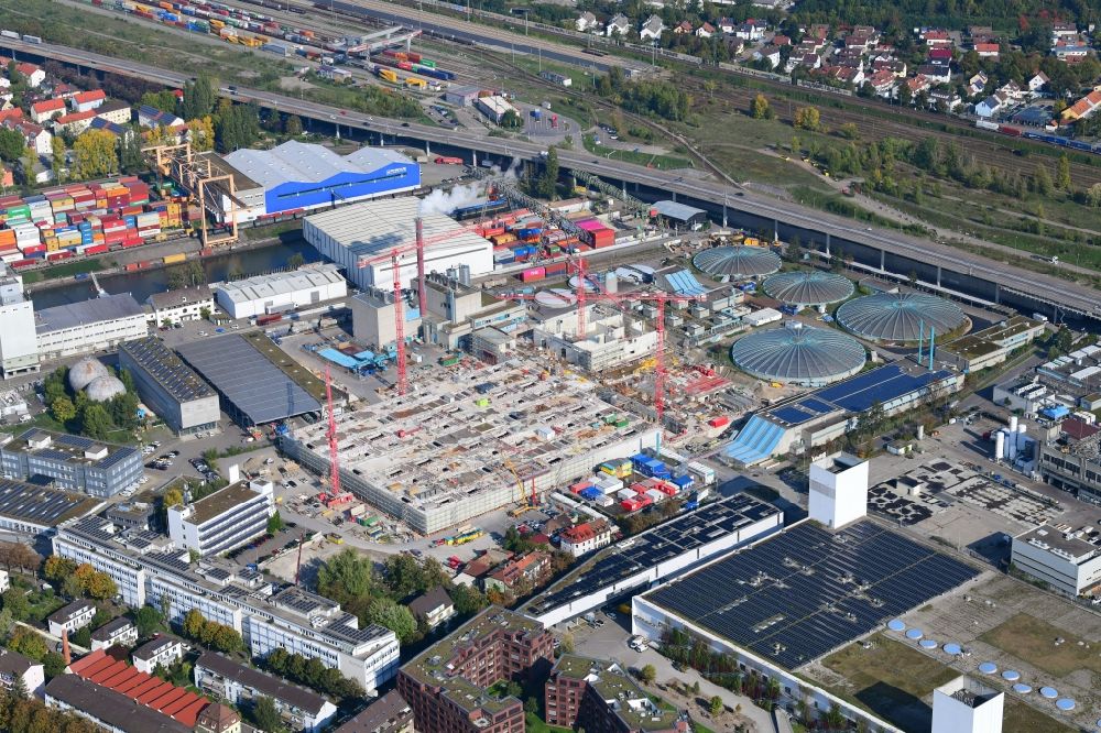Aerial image Basel - New construction site and extension of the sewage treatment basins and purification stages of the plant of ProRheno in the district Kleinhueningen in Basel, Switzerland