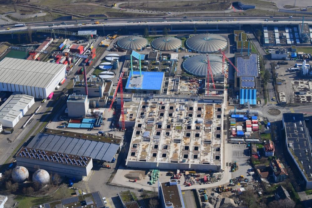 Basel from the bird's eye view: New construction site and extension of the sewage treatment basins and purification stages of the plant of ProRheno in the district Kleinhueningen in Basel, Switzerland