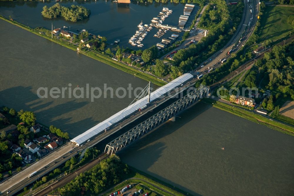 Karlsruhe from the bird's eye view: River - bridge construction Rheinbruecke Maxau in , Germany