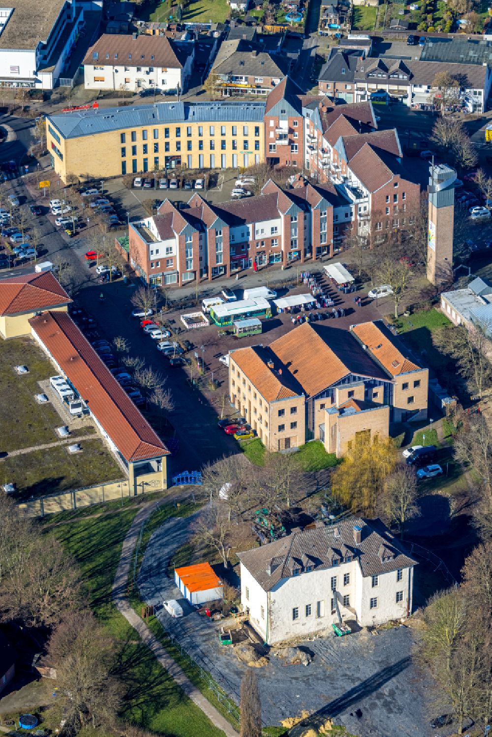 Selm from above - Construction site for reconstruction and modernization and renovation of a building Burg Botzler on the Teichstrasse in Selm in the state North Rhine-Westphalia, Germany