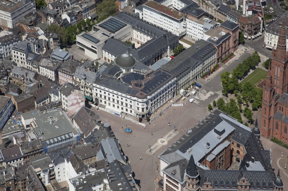 Aerial image Wiesbaden - Construction site for reconstruction and modernization and renovation of a building of the Hessian state parliament in Wiesbaden in the state Hesse, Germany