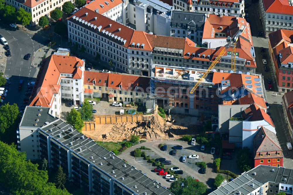 Aerial photograph Dresden - Construction site for reconstruction and modernization and renovation of a building Hotel Stadt Leipzig on Raehnitzgasse corner Heinrichstrasse in the district Innere Neustadt in Dresden in the state Saxony, Germany