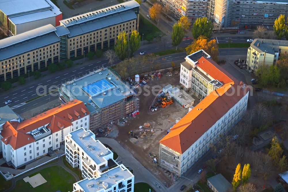 Magdeburg from the bird's eye view: Construction site for reconstruction and modernization and renovation of a building on Max-Otten-Strasse in the district Zentrum in Magdeburg in the state Saxony-Anhalt, Germany