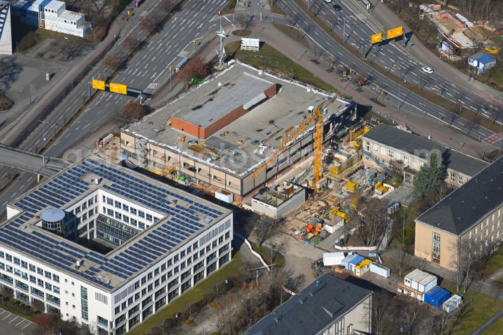 Dresden from the bird's eye view: Construction site for the conversion, modernization and refurbishment of a building complex of the cafeteria of the TU Dresden on Bergstrasse in the Raecknitz district in Dresden in the state Saxony, Germany