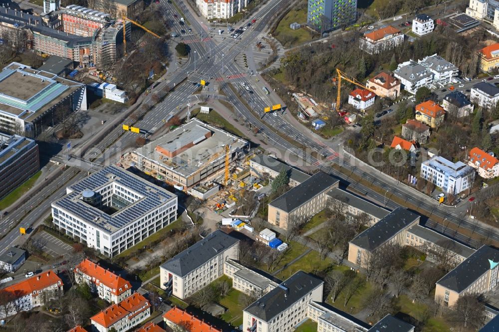 Aerial image Dresden - Construction site for the conversion, modernization and refurbishment of a building complex of the cafeteria of the TU Dresden on Bergstrasse in the Raecknitz district in Dresden in the state Saxony, Germany