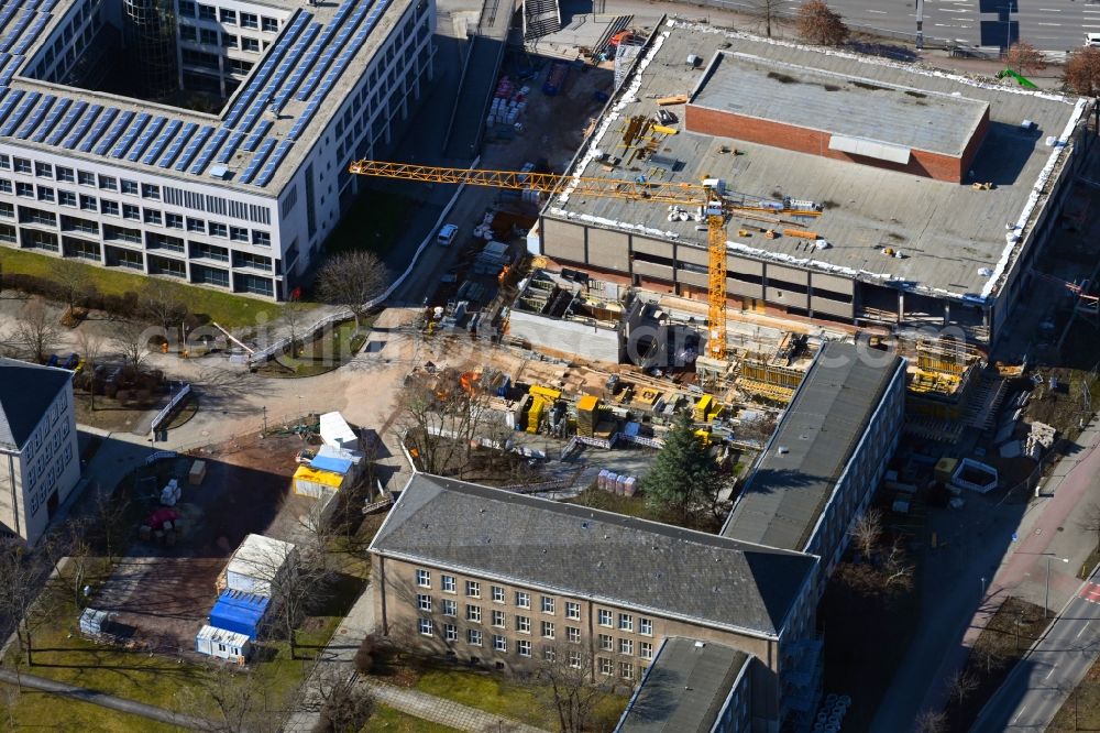 Dresden from above - Construction site for the conversion, modernization and refurbishment of a building complex of the cafeteria of the TU Dresden on Bergstrasse in the Raecknitz district in Dresden in the state Saxony, Germany