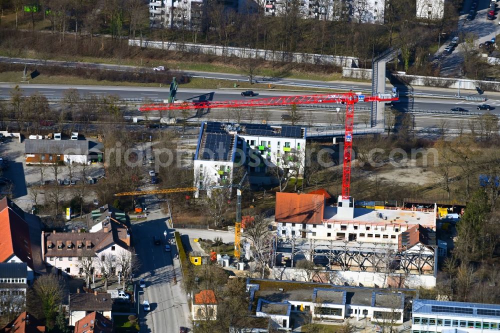 München from the bird's eye view: Construction site for reconstruction and modernization and renovation of a building on Grosshaderner Strasse in the district Hadern in Munich in the state Bavaria, Germany