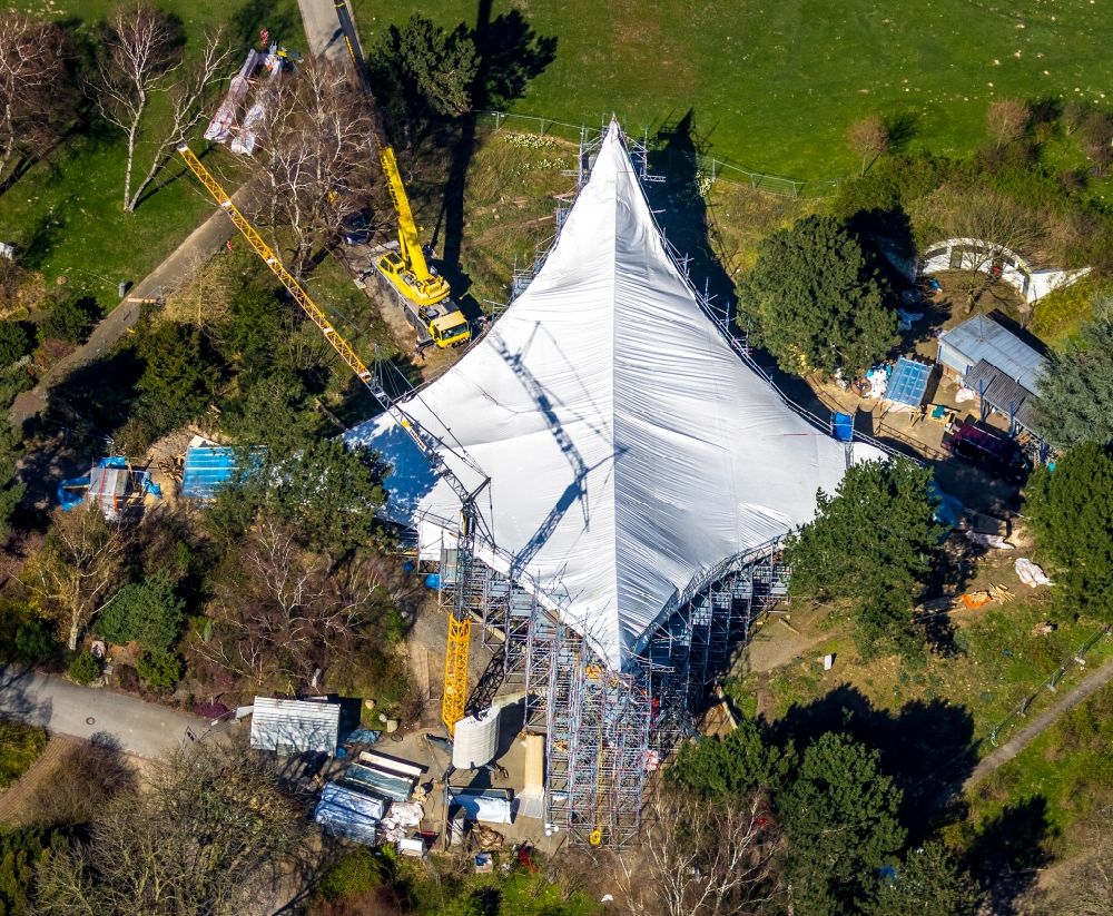 Dortmund from above - Construction site for renovation, modernization and refurbishment of the traditional venue Sonnensegel in the Westfalenpark in Dortmund in the state of North Rhine-Westphalia, Germany